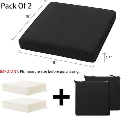 Magpie Fabrics Indoor Outdoor Waterproof Square Chair Cushion, 18" x 18" x 2.5", 2 Pack, Water Resistant Seat Cushions, for Patio Garden Office, Black