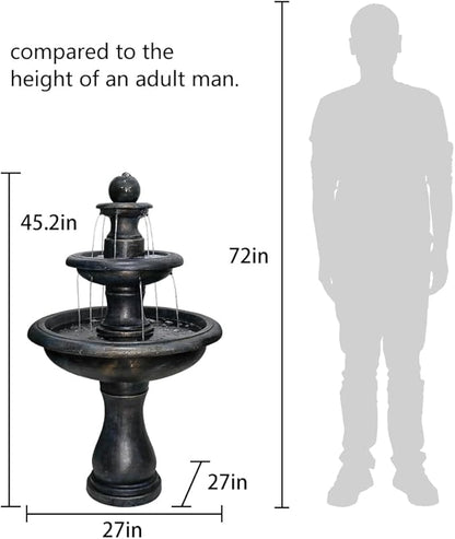 SunJet 45.2" High 3-Tiers Modern Concrete Outdoor Water Fountain - Round Large Outdoor Fountains and Waterfalls for Garden, Patio, Yard, and Deck Decor, Featuring Natural Stone Look (Black, 45.2inch)