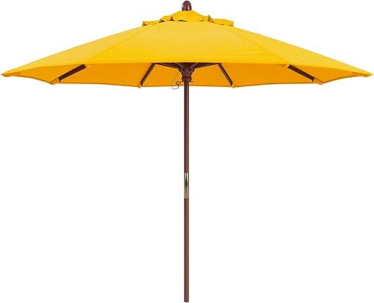 California Umbrella 9' Premium Commercial Hardwood Patio Umbrella, Manual Lift With Sunbrella Sunflower Yellow Fabric