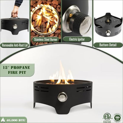 15" Portable Propane Tabletop Fire Pit, 40000 BTU Outdoor Gas Fire Bowl with Lid & Lava Rocks, Compact Steel Patio Heater for Camping, Balcony, Garden, Backyard, Easy Ignition & Adjustable Flame