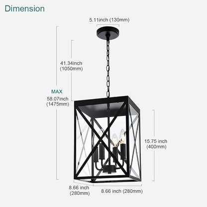 Black Outdoor Pendant Light 4 Lights Outside Pendant Hanging Light Fixture Ceiling Mount with Clear Glass Industrial Hanging Chandelier Latern for Porch,Entryway,Doorway,Farmhouse