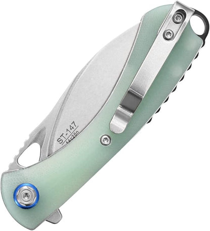Sitivien ST147 Folding Pocket Knife,14C28N Steel Blade with G10 Handle Utility Knife EDC Tool Knife for Outdoor Camping,Hiking,Hunting(Jade)