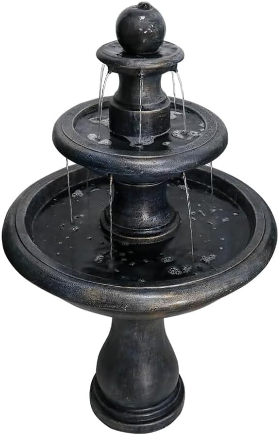 45.2” H Outdoor Floor Water Fountain, 3-Tiers Concrete Water Fountain with Submersible Electric Pump - Garden Cascading Waterfall for Yard Patio Lawn Home Decor