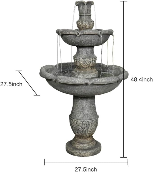 Garden Rustic Outdoor Floor 2-Tier Water Fountains 48.4" H Classical Flowerpot Shape Top Concrete Fountain and Waterfalls for Outdoor, Garden, Backyard, Porch, Deck, Patio