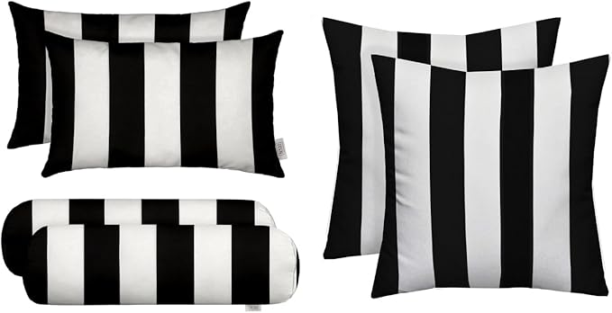 RSH DECOR: 6-Pack Pillow Set, All-Weather Water & Fade-Resistant Fabric, 17" Square, 20"x12" Lumbar 20"x6" Neck Roll Pillows, Outdoor Pillows for Patio Furniture, Black & White Stripe - Made in USA