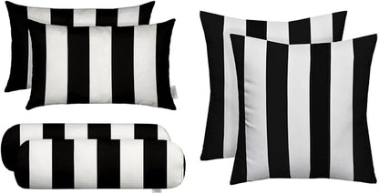 RSH DECOR: 6-Pack Pillow Set, All-Weather Water & Fade-Resistant Fabric, 17" Square, 20"x12" Lumbar 20"x6" Neck Roll Pillows, Outdoor Pillows for Patio Furniture, Black & White Stripe - Made in USA