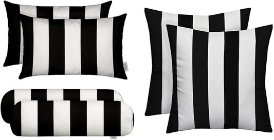 RSH DECOR: 6-Pack Pillow Set, All-Weather Water & Fade-Resistant Fabric, 17" Square, 20"x12" Lumbar 20"x6" Neck Roll Pillows, Outdoor Pillows for Patio Furniture, Black & White Stripe - Made in USA
