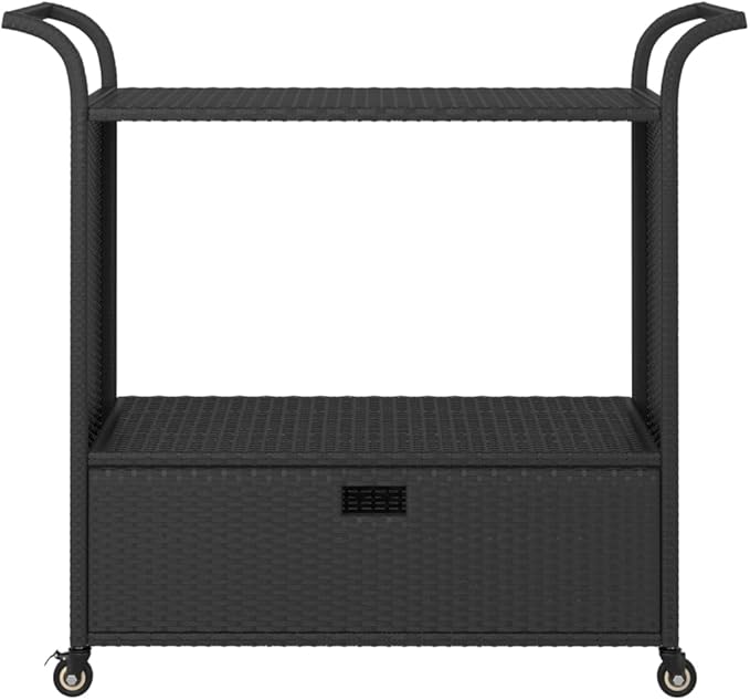 Outdoor Rolling Wicker Bar Cart with Drawer, Portable Bar Cart with Wheels, Patio Kitchen Island Cart for Pool Deck Backyard, Black 39.4"x17.7"x38.2" Poly Rattan -460