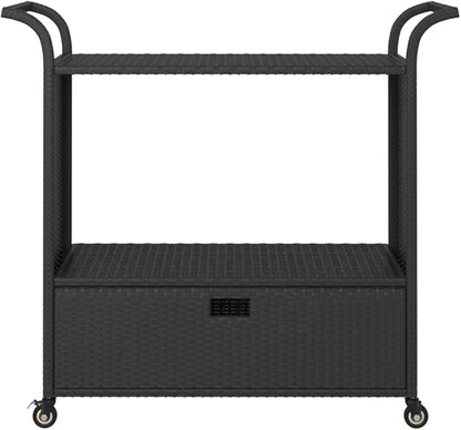 Outdoor Rolling Wicker Bar Cart with Drawer, Portable Bar Cart with Wheels, Patio Kitchen Island Cart for Pool Deck Backyard, Black 39.4"x17.7"x38.2" Poly Rattan -460