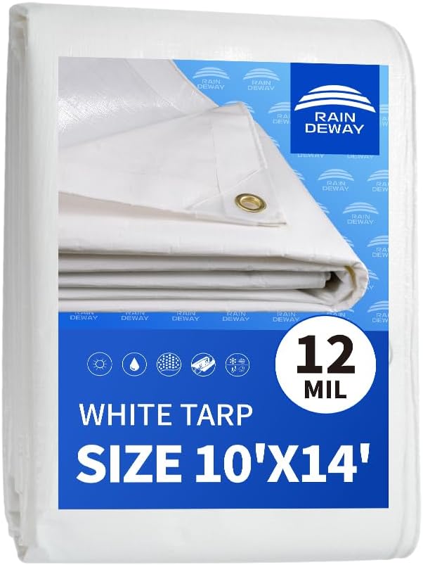 RAINDEWAY White Tarps 10x14 Feet,Heavy Duty Waterproof, 12 Mil Thick,UV Resistant, Weatherproof Poly Canopy Tarp,Camping,Carport,Finished Size