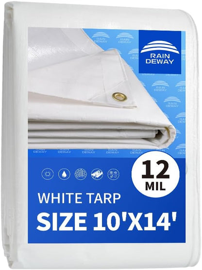 RAINDEWAY White Tarps 10x14 Feet,Heavy Duty Waterproof, 12 Mil Thick,UV Resistant, Weatherproof Poly Canopy Tarp,Camping,Carport,Finished Size