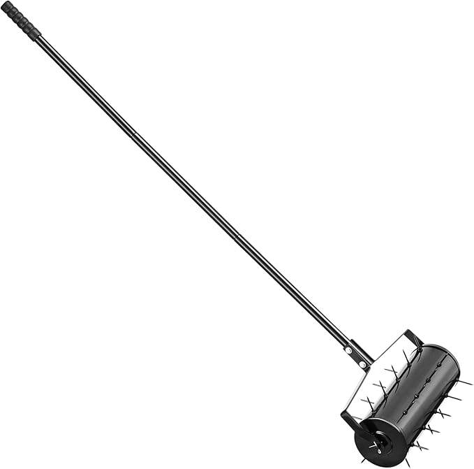 VEVOR Rolling Lawn Aerator, 18-inch Heavy-Duty Manual Rolling Aerator Lawn with Detachable Handle and 27 Iron Spikes, Rolling Lawn Aeration Tool for Garden Patio Yard Compacted Soils and Lawns, Black