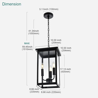 3 Lights Indoor Pendant Light Black Outdoor Chandelier Exterior Hanging Fixture Ceiling Mount with Clear Glass Shade Hanging Lantern Light Adjustable Pendant Light for Outdoor Hallway