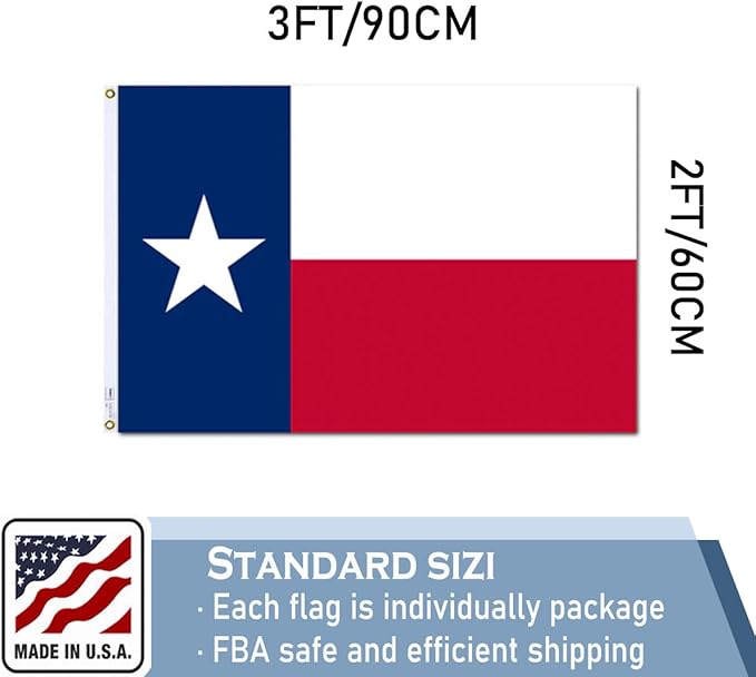 Texas State Flag 2x3 FT Made in The USA- Heavy Duty Vibrant Colours Double Sided Texas TX Flag with 2 Brass Grommets for Home/Company/Indoor Outdoor Decoration