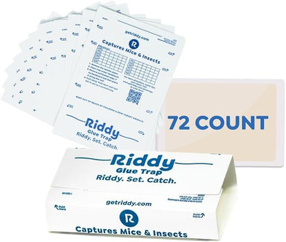 Riddy Glue Boards, 72 Boards, Pre-Baited, Ready to Use Mouse Traps Indoor for Home, Sticky Adhesive for Bugs and Rodents, 5.5" x 7.5"