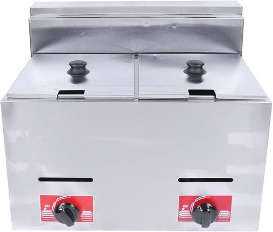 Gas Fryer, 2 * 5.3QT Commercial Large Propane Fryer Table Top Gas Fryer with 2 Baskets & 2 Lids, Stainless Steel Deep Double Cylinder Gas Fryer, Countertop Propane Fryers for Home Kitchen