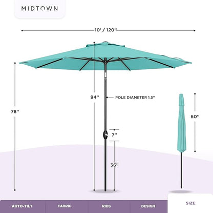 Midtown Umbrellas Sunbrella Umbrella 10 Feet Large Outdoor Umbrella With Sunbrella Macaw Acrylic Fabric - Auto-Tilt Aluminum Frame Large Patio Umbrella For Backyard, Deck, Garden, Pool - Black Pole