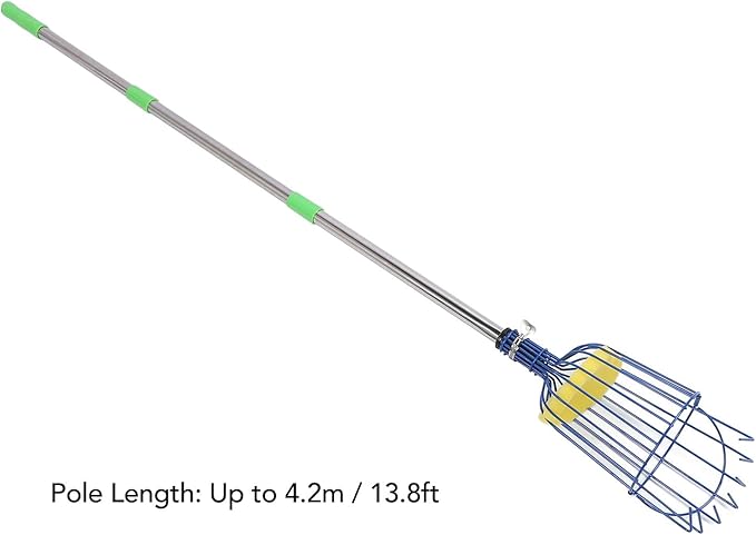 Tyenaza Fruit Picker Pole Tool with Basket Long Handle, Stainless Steel Fruit Picker Tool with Basket Pole Easy to Assemble Fruits Catcher Tree Picker Length Adjustable