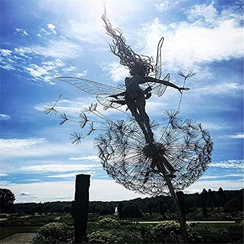 Flower Fairy Dancing with Dandelion Garden Art Sculpture Stainless Steel Statue Christmas Halloween Decoration for Outdoor Yard Courtyard Lawn Patio Metal Ornaments (Open Hands)