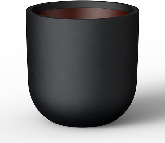 Kante 11.0" Round Concrete Planter, Large Cylinder Plant Pot with Curved Bottom and Drainage Hole, for Indoor and Outdoor Use – Garden or Patio, Black Finish with Warm Brown Interior