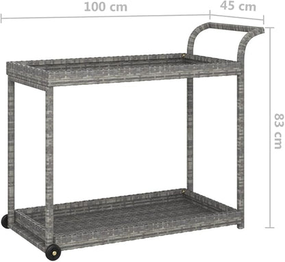 Outdoor Rolling Wicker Bar Cart with Storage Shelves, Portable Bar Cart with Wheels, Patio Kitchen Island Cart for Pool Deck Backyard, Gray 39.4"x17.7"x32.7" Poly Rattan -464