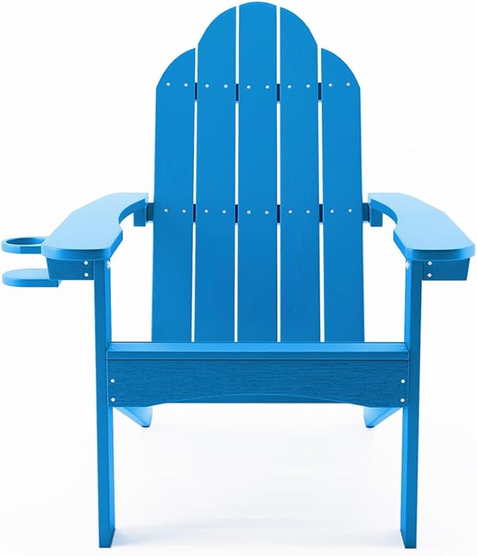 LUE BONA HDPS Adirondack Chairs Set of 4, Fire Pit Outdoor Chair Weather Resistant with Cup Holder, Modern Plastic Chair Plastic for Patio, Deck, Proch, 350LBS, Blue