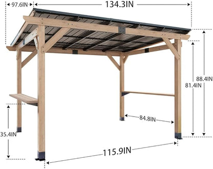 8x10 FT Wood Grill Gazebos, BBQ Wooden Gazebo with Hardtop Sloping Steel Roof, Wood Outdoor Gazebo Pavilion with 2 Side Storage Shelves,Cedar Frame Patio Tent for Barbecue, Garden, Deck