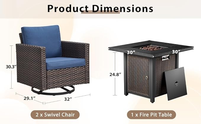 Wicker Outdoor Swivel Chairs Set of 4 with Fire Pit Table, 5 Pieces Patio Furniture Set with Fire Pit Table for Yard, Deck, Garden, Brown/Grey