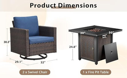 Wicker Outdoor Swivel Chairs Set of 4 with Fire Pit Table, 5 Pieces Patio Furniture Set with Fire Pit Table for Yard, Deck, Garden, Brown/Grey