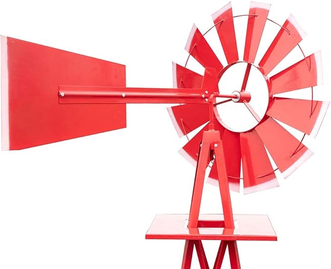 8FT Windmill for Yard Garden Decoration with Weather Vanes，Heavy Duty Outdoor Wind Mills, Large Metal Outdoor Windmill,Weather Resistant,Red