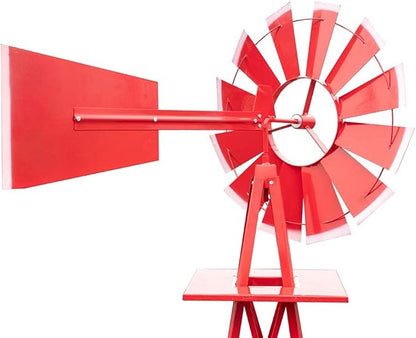 8FT Windmill for Yard Garden Decoration with Weather Vanes，Heavy Duty Outdoor Wind Mills, Large Metal Outdoor Windmill,Weather Resistant,Red