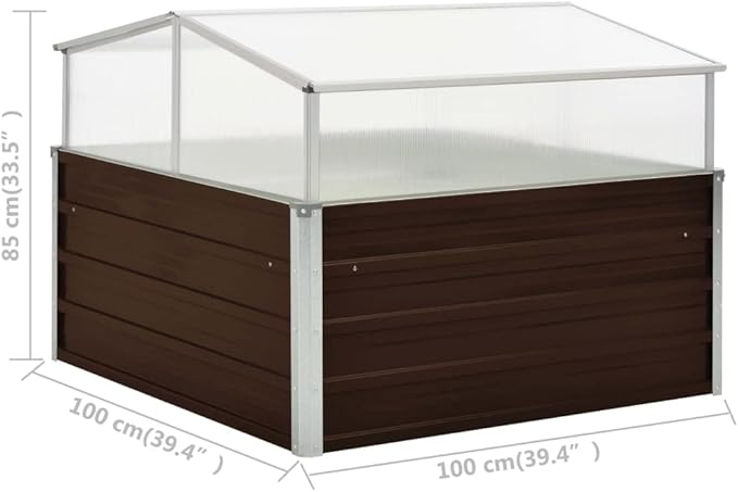 Galvanized Steel Greenhouse, Raised Garden Bed with Greenhouse, Metal Planter Box with Polycarbonate Mini Greenhouse, Brown 39.4"x39.4"x33.5" Galvanized Steel,-106