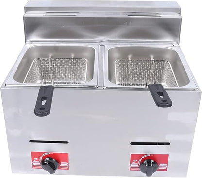 Gas Fryer, 2 * 5.3QT Commercial Large Propane Fryer Table Top Gas Fryer with 2 Baskets & 2 Lids, Stainless Steel Deep Double Cylinder Gas Fryer, Countertop Propane Fryers for Home Kitchen