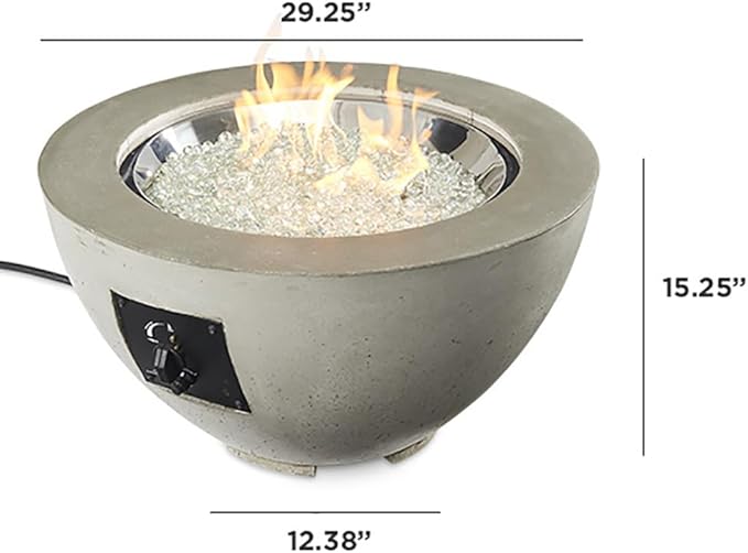 Outdoor GreatRoom Co Propane Fire Pit Table - Cove Gas Fire Pits for Outside Patio - 29 Inch Round Bowl Concrete Firepit Fire Table with Glass Tabletop Cover, Tempered Clear Glass Gems, 80,000 BTU