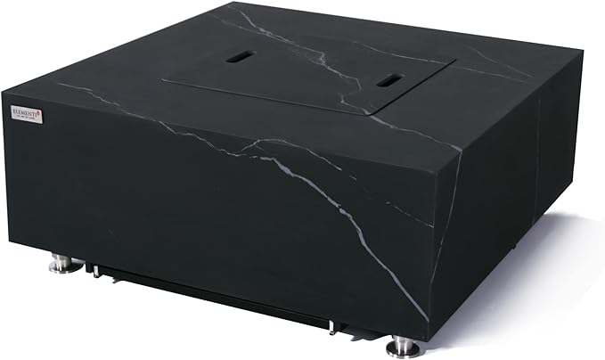 Elementi+ | Bianco Gas Fire Pit | Marble Porcelain & Metal Frame | 40" Square Fire Table | Electronic Ignition | Canvas Cover, Fire Glass & Burner Lid Included | White | Propane Gas