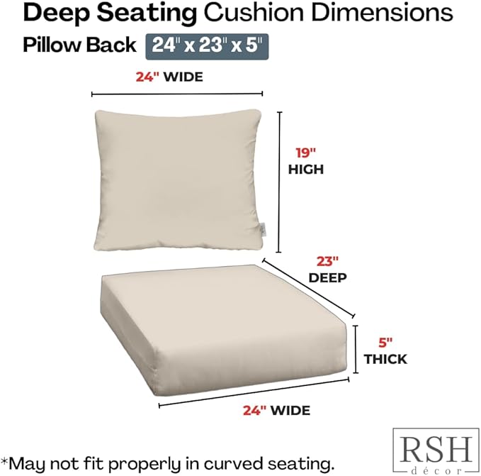 RSH DECOR Deep Seating Cushion with Pillow Back | 24” x 23” Seat | Water and Fade-Resistant Spun Fabric | Outdoor Chair Cushion Set for Patio Furniture | Fenbrook Blue
