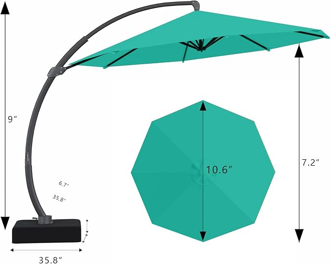 7 Piece Patio Dining Set with 11ft Patio Umbrella (Teal), 7 Gray Outdoor HDPE Dining Set with 6 Chairs + 1 Large Table, for Market, Pool, Garden, Backyard, Deck