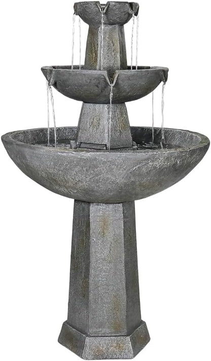 43.3” High Outdoor Water Fountain, 3-Tiers Concrete Outdoor Floor Waterfall Fountain with Pump & Splash Reduction Line for Yard Garden Patio Backyard Deck Relaxation Decor - Grey