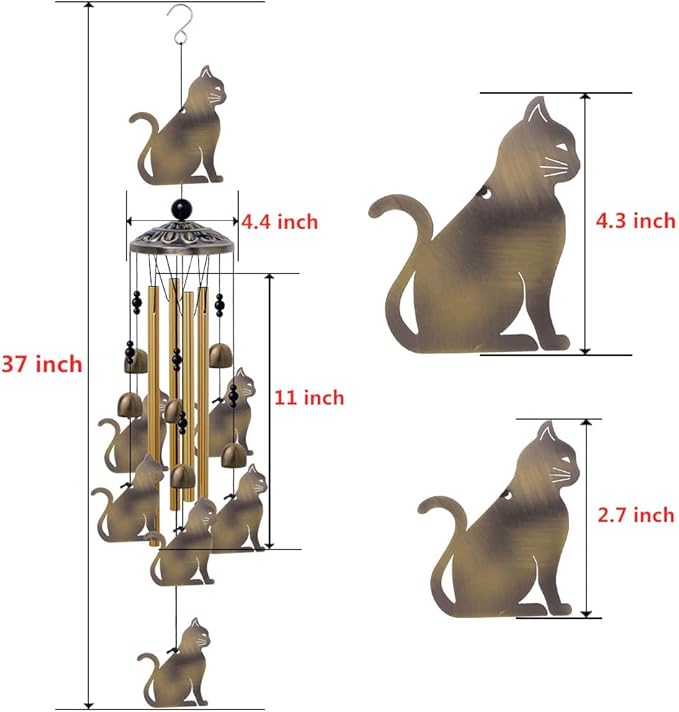 Garden Cat Wind Chimes Outdoor Indoor Decor - with 4 Tubes 7 Cats Wind Chime, Mobile Romantic Cats Wind Catcher, Bronze Cats Wind Bells for Home, Mom Gifts, Balcony, Tree, Festival, Garden Decoration