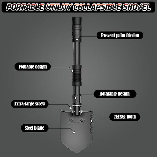 Folding Shovel, Overall Length 15.35 Inches, Foldable Design with Portable Bag, Made of Durable Materials, Serrated Edge, for Camping, Hiking, Gardening, Fishing & Emergencies (Black)