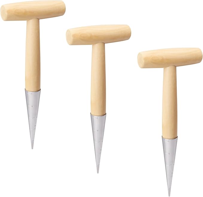 3 PCS 11 Inch Hand Dibber with Wooden Handle - Hand Held Bulb Planter, Essential Dibber Gardening Tool for Planting and Bulb Transplanting