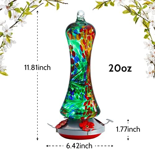 Glass Hummingbird Feeder for Outdoors: Leak Proof Hanging Hummingbirds Present for Women - Ant Moat & Hang Hook Included, Metal Base with 4 Feeding Ports & Perch, 20 Fluid Oz, Best Garden Decor