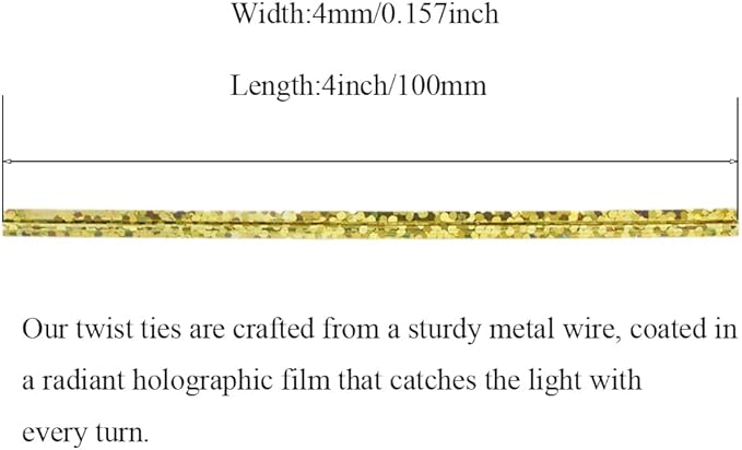 HAHIYO 300Pcs 4inches Holographic Gold Metal Twist Ties Bread Candy Coffee Bag Ties Plant Garden Twist Ties for Cellophane Treat Bags Gift Wraping Bags Plastic Bags Party Cake Present Art Crafts