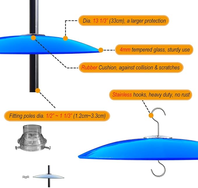 13" Glass Rain Cover for Bird Feeder Outdoors - Baffle on Shepherd Pole/Post or S Hook Hanging - Large Weather Guard Protective Dome - Dia. 33CM (1, Blue)