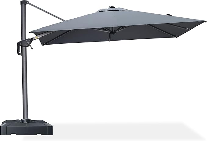 PURPLE LEAF 8' X 8' Patio Umbrella with Base for Pool 7' High Offset Outdoor Cantilever Umbrella Swimming Pool Umbrella with 360°Rotation for Poolside Light Grey