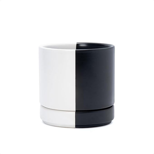 D'vine Dev 4.7 Inch Ceramic Planter Pot with Drainage Hole and Saucer, Indoor Cylinder Round Planter Pot, Split Monochrome Black & White, 94-O-B-0