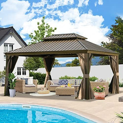12' x 16' Hardtop Gazebo Outdoor Aluminum Gazebos Grill with Galvanized Steel Double Canopy for Patios Deck Backyard,Curtains&Netting by domi outdoor living