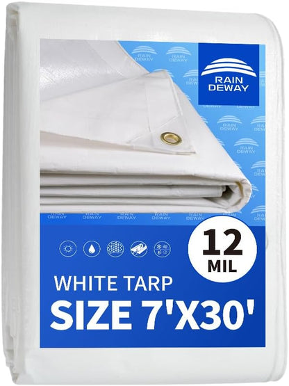 12 Mil Heavy Duty White Tarps 7' X 30', Extra Thick,Durable,Waterproof, UV Resistant, Weatherproof Poly Tarp,with Metal Grommets and Reinforced Edge (Finished Size)-by Raindeway