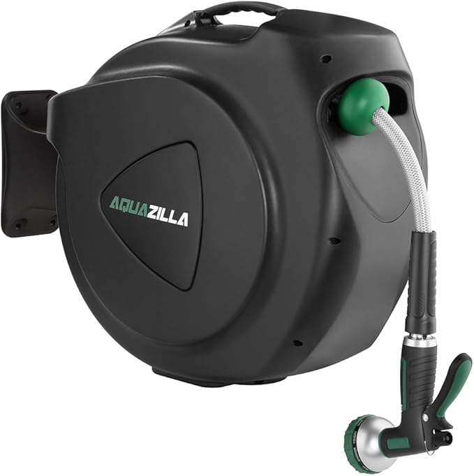 Retractable Garden Hose Reel, 100Ft x 1/2" Durable Wall Mounted Water Hose Reel with 180¡ãSwivel Bracket, 9 Pattern Sprayer, 6Ft leader hose,Smooth Automatic Rewind, Any Length Lock.