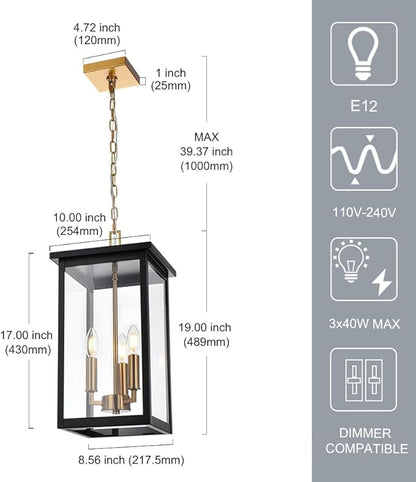 3-Lights Large Outdoor Pendant Lighting Clear Glass, Ceiling Porch Light Fxitures Adjustable Chain for Foyer Patio, Exterior Hanging Lantern Lamp, E12 Bulb Base, Black & Bruhed Brass